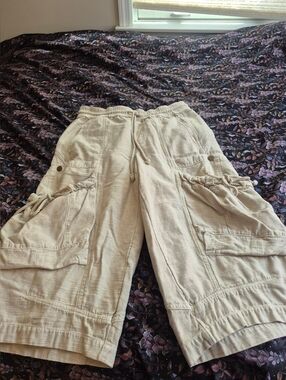 Free People ASHTON Beige Cargo Drawstring Wide-Leg Capri Cropped Shorts XL